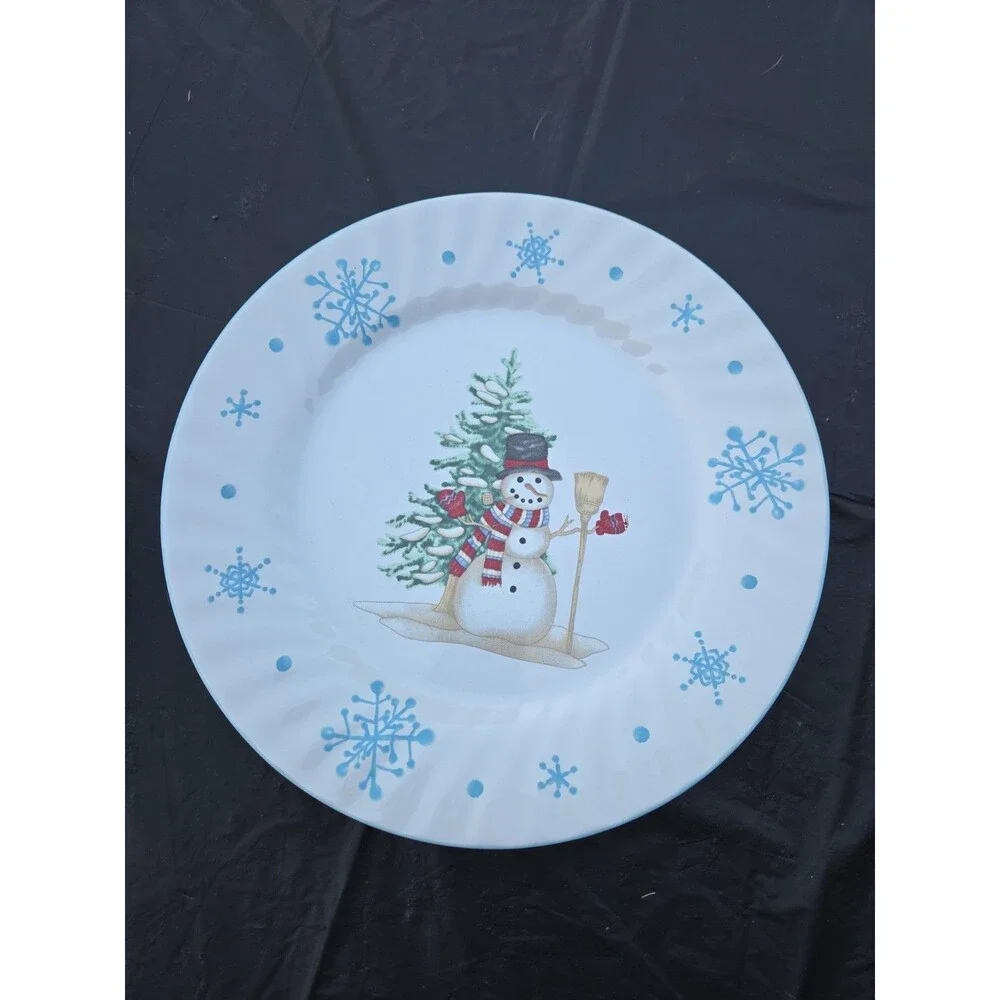 Christmas Village Snowman Snowflake Ceramic Dinner Plates 10.5